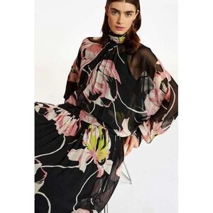 Essentiel Belgium dress mini black sheer floral tie waist aubrey puff loose SM